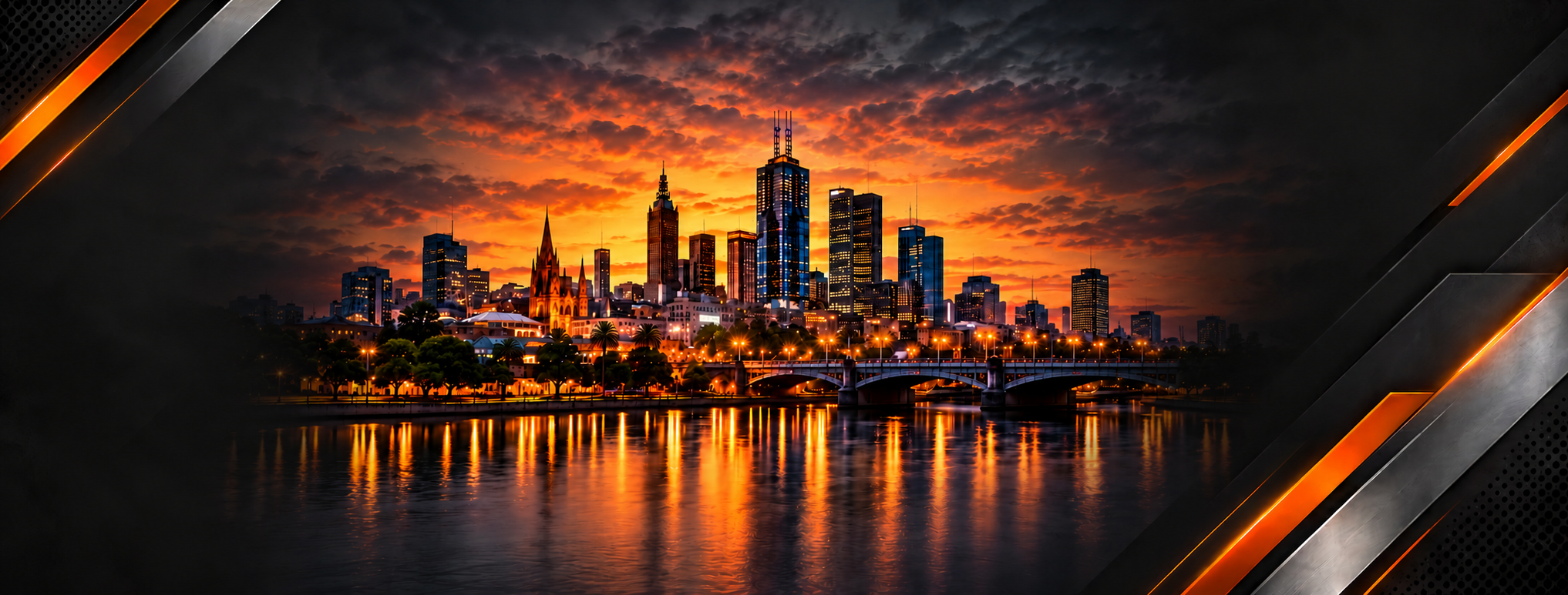 Melbourne skyline centred over the Yarra River at sunset, within Titan’s orange and silver frame